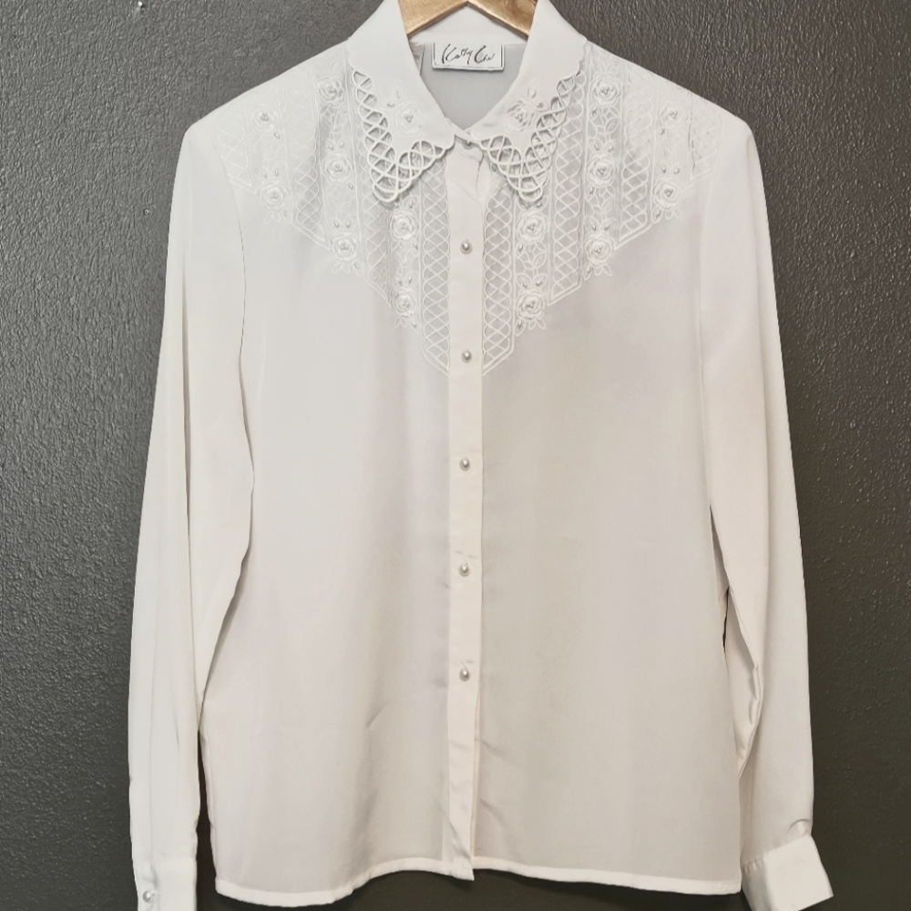 Kathy Che Vintage Button Down Embellished Long Sleeves Blouse Size 12